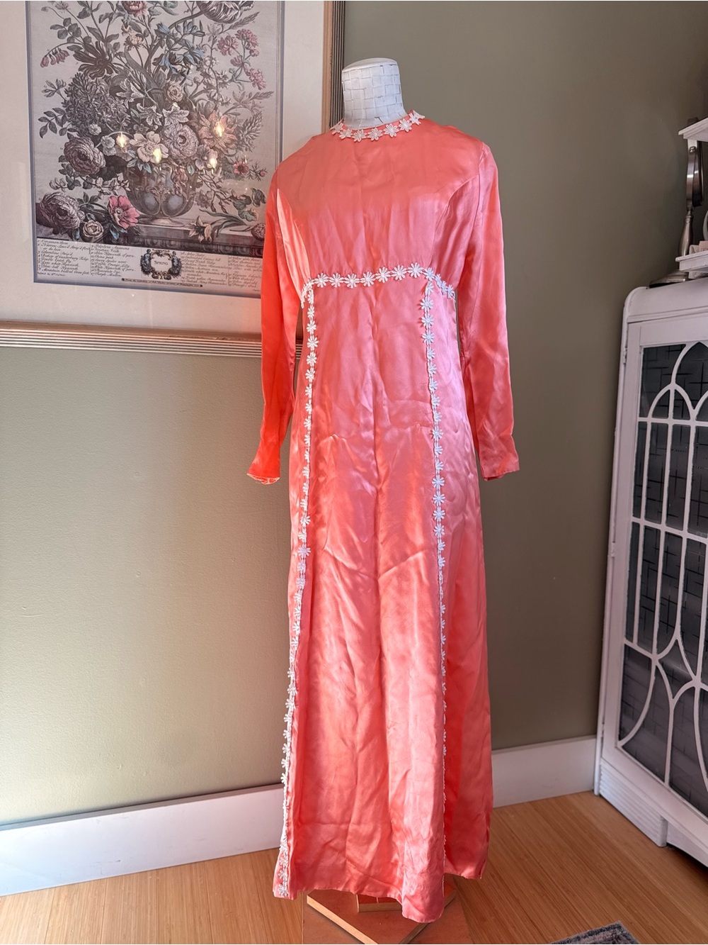 Vintage 1960s 1970s Coral Peach Satin Maxi Dress with White Floral Daisy Trim